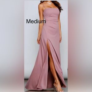 Wren Formal Ruched Crepe Dress color Mauve, women’s size MED maxi dress